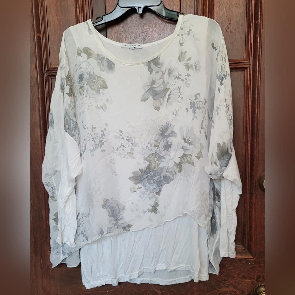 Tempo Paris Womens Sheer Chiffon Top Lined Floral Gray-Large